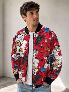 Men's Red Graphic Bomber Jacket with Comic Print